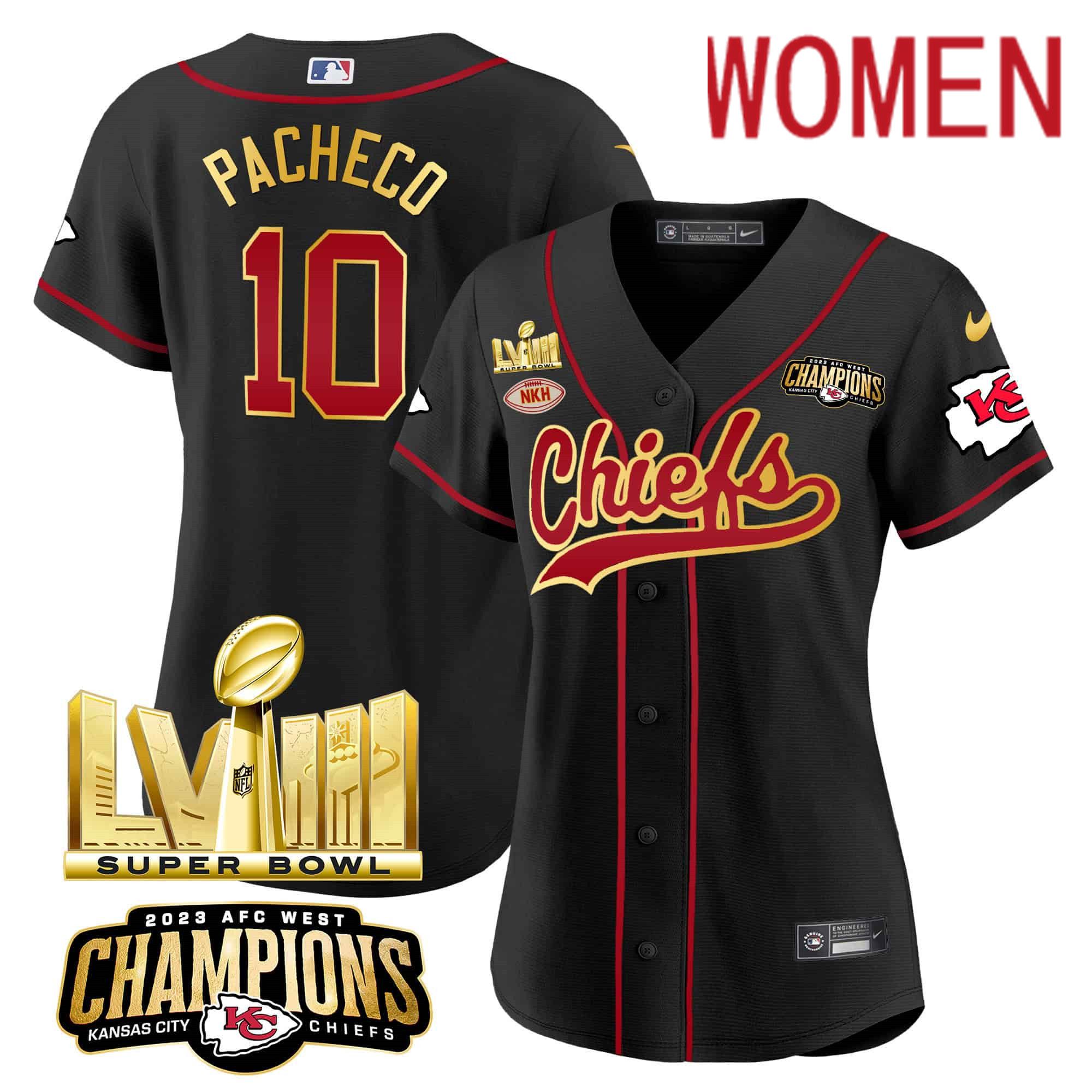 Women Kansas City Chiefs #10 Pacheco Black 2024 Nike Super Bowl LVIII Back-2-Back Gold Patch Baseball NFL Jersey